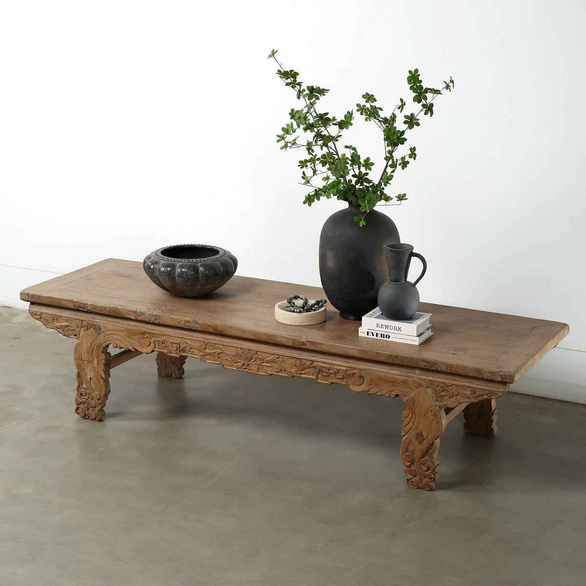 Approx. 85" Long 26.4" Deep Vintage Coffee Table with Lotus Motif on the Front Panel and Carved Legs