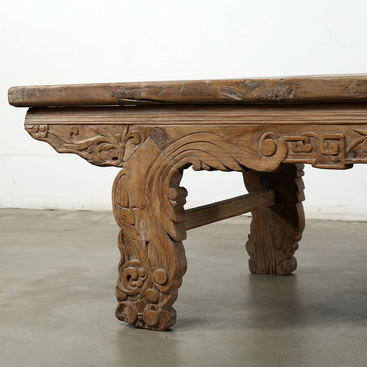 Approx. 85" Long 26.4" Deep Vintage Coffee Table with Lotus Motif on the Front Panel and Carved Legs