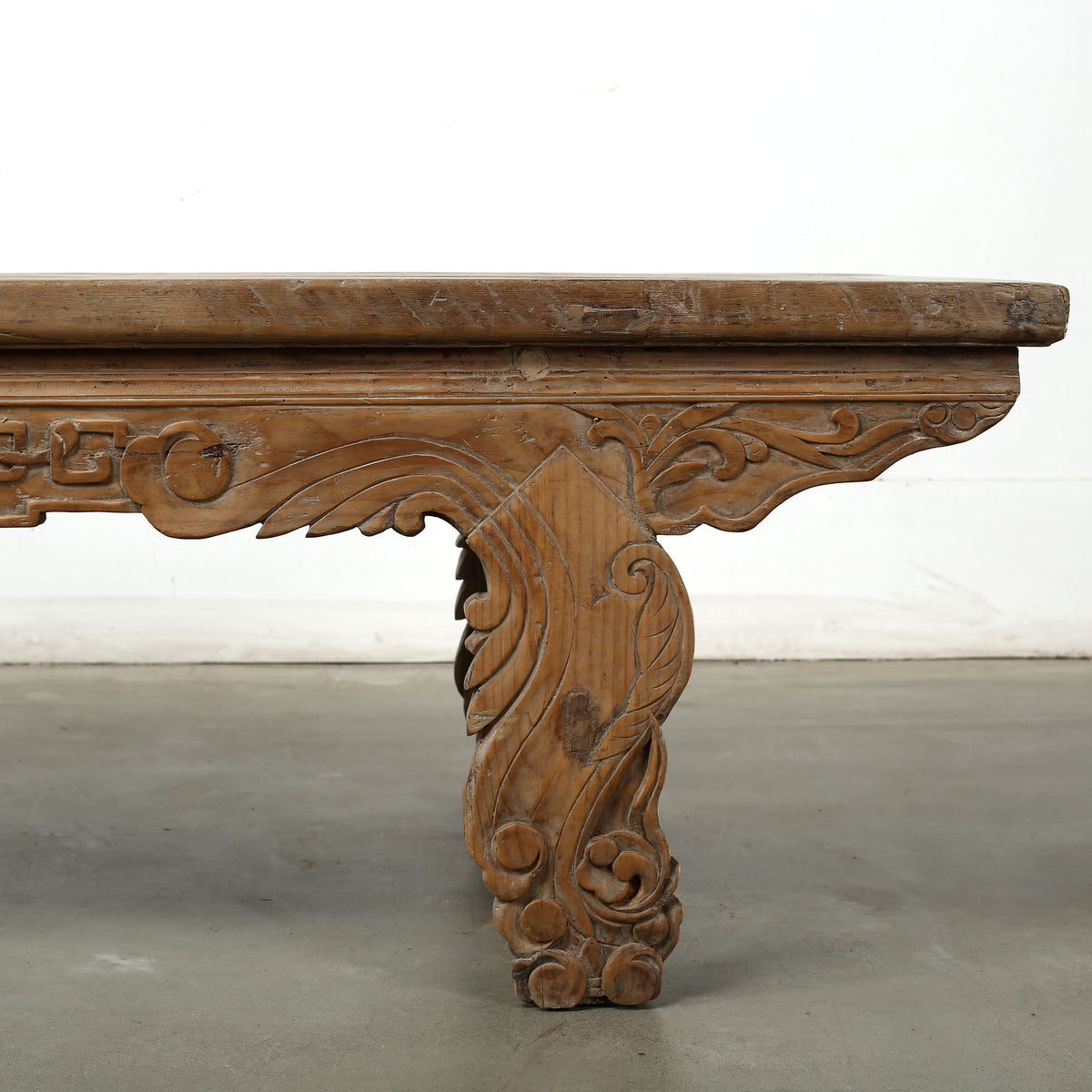 Approx. 85" Long 26.4" Deep Vintage Coffee Table with Lotus Motif on the Front Panel and Carved Legs