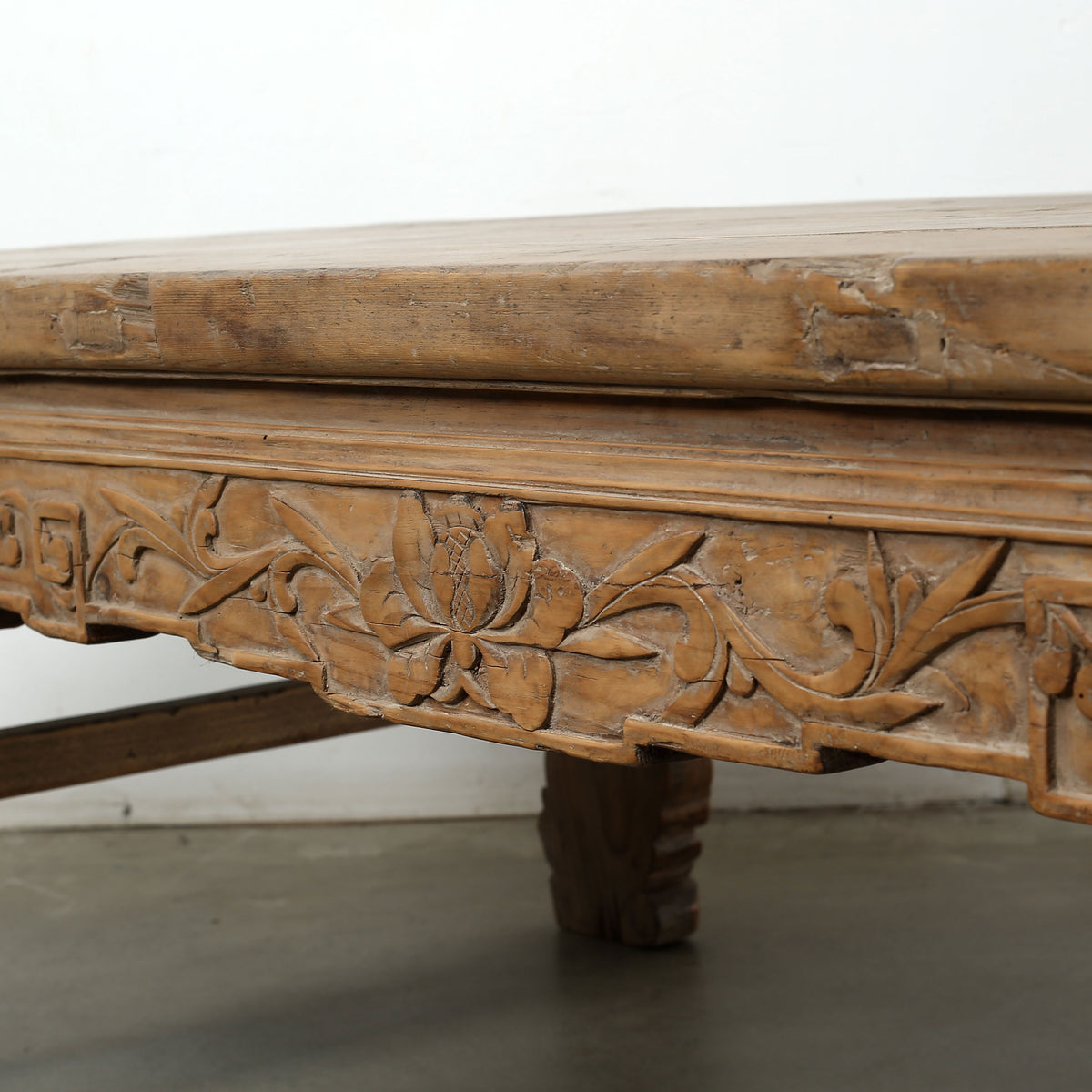 Approx. 85" Long 26.4" Deep Vintage Coffee Table with Lotus Motif on the Front Panel and Carved Legs