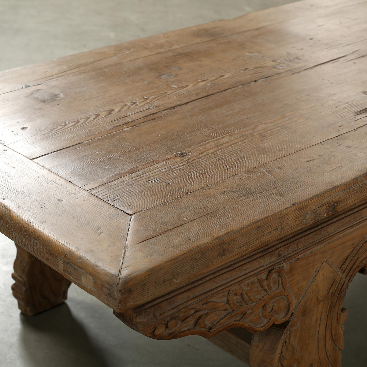 Approx. 85" Long 26.4" Deep Vintage Coffee Table with Lotus Motif on the Front Panel and Carved Legs