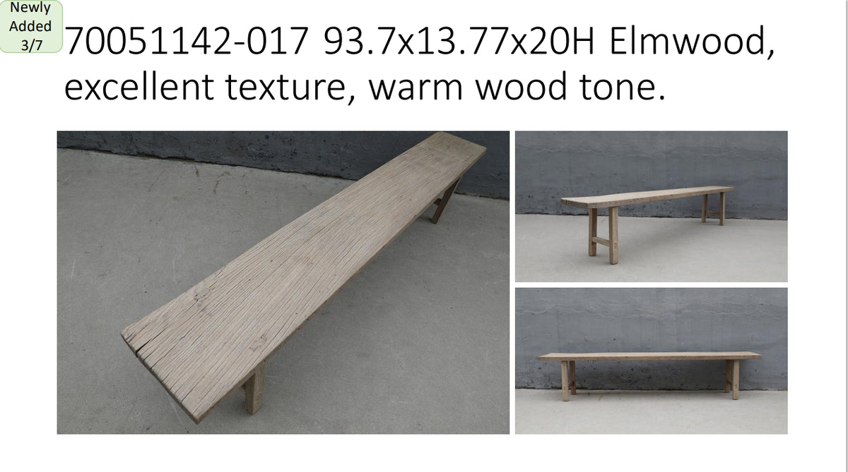 Approx.93 Inches Long Vintage Elmwood Bench with Warm Wood Tone