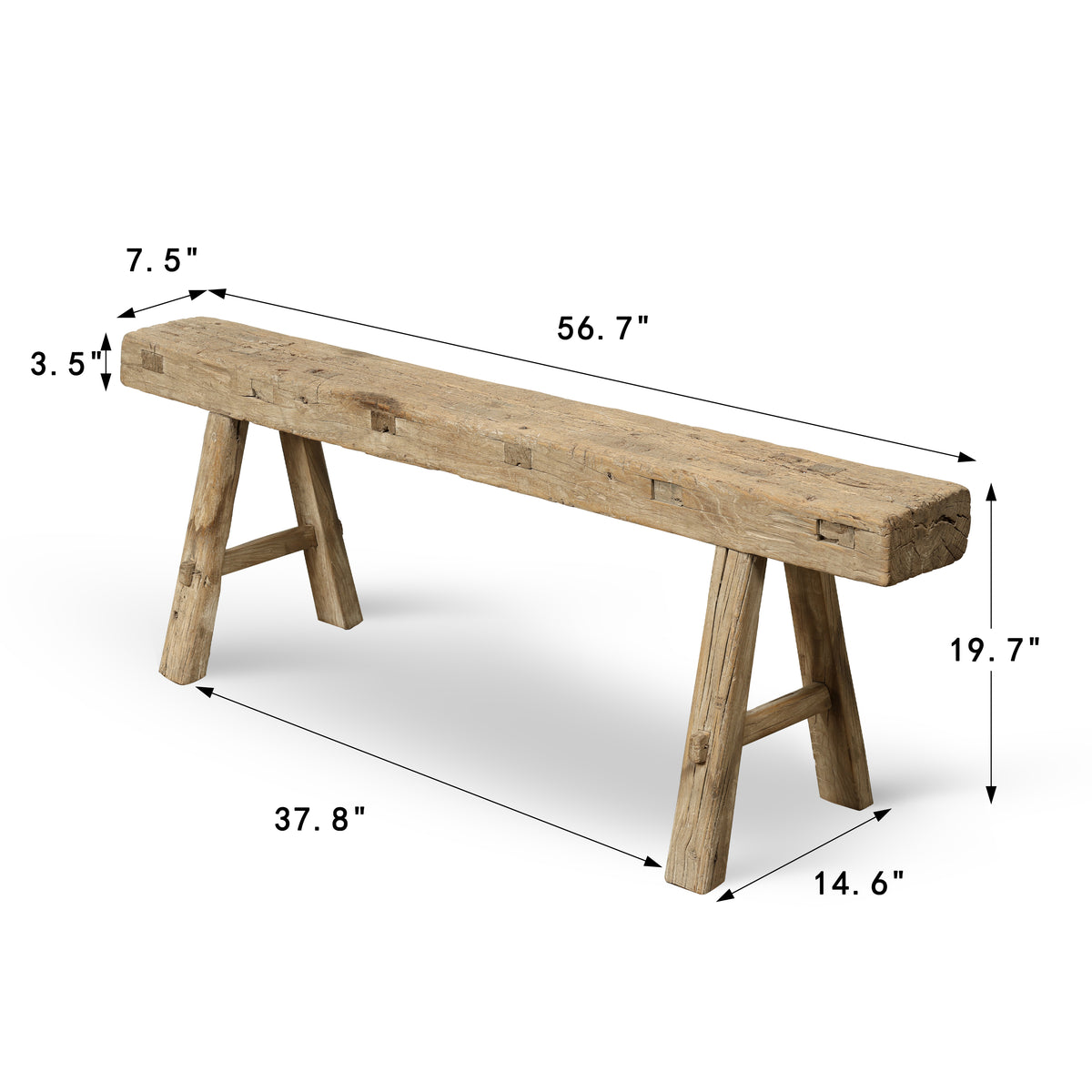 Vintage noodle bench 56.7 inches wide, 7.5 inches deep, weathered natural