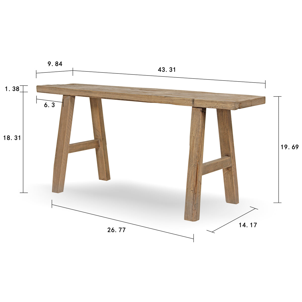43" Elmwood Bench Weathered Natural (upper width 10", lower width 14")