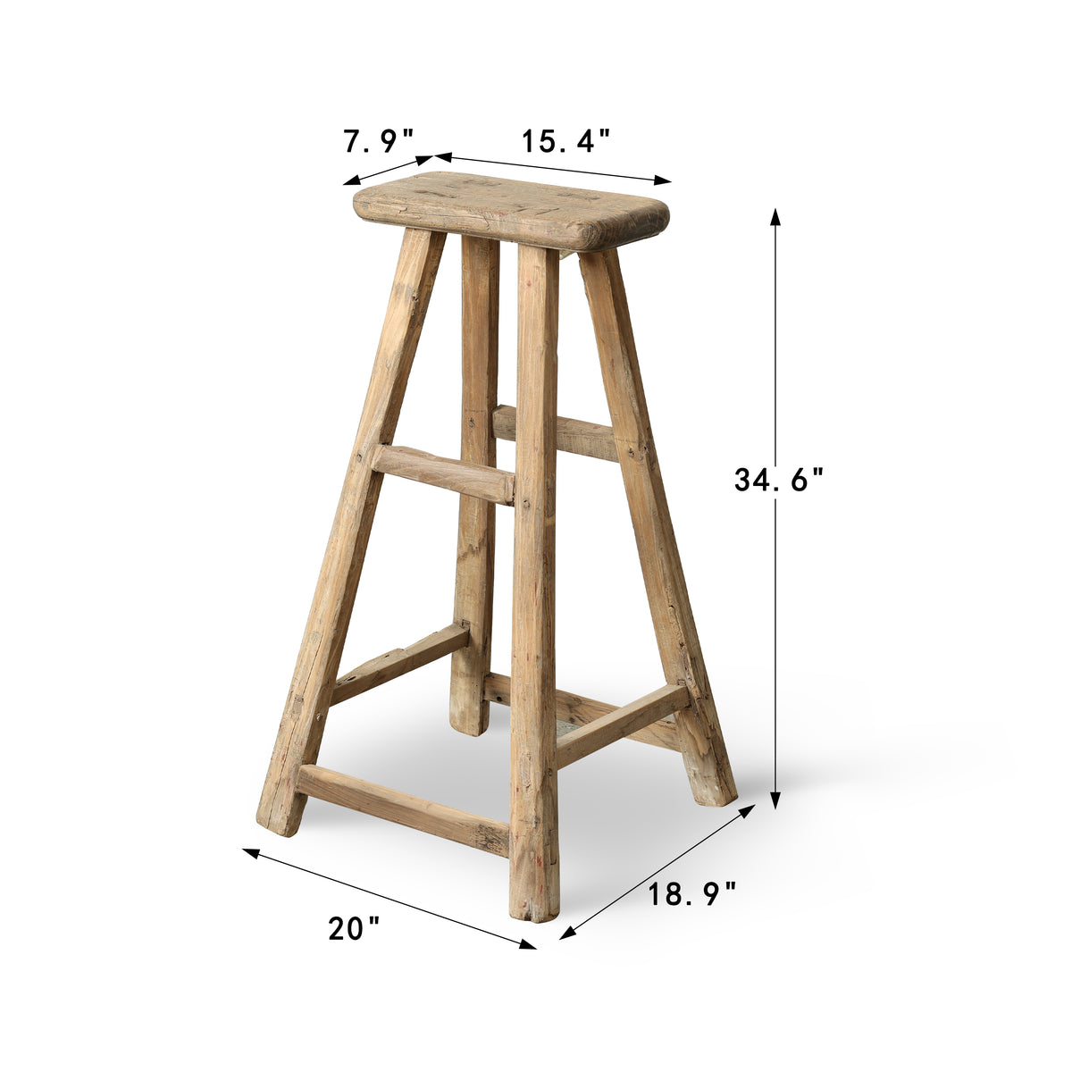 Approx. 15.4" Wide 7.9" Deep Vintage Bar Stool with Unique Top Weathered Natural