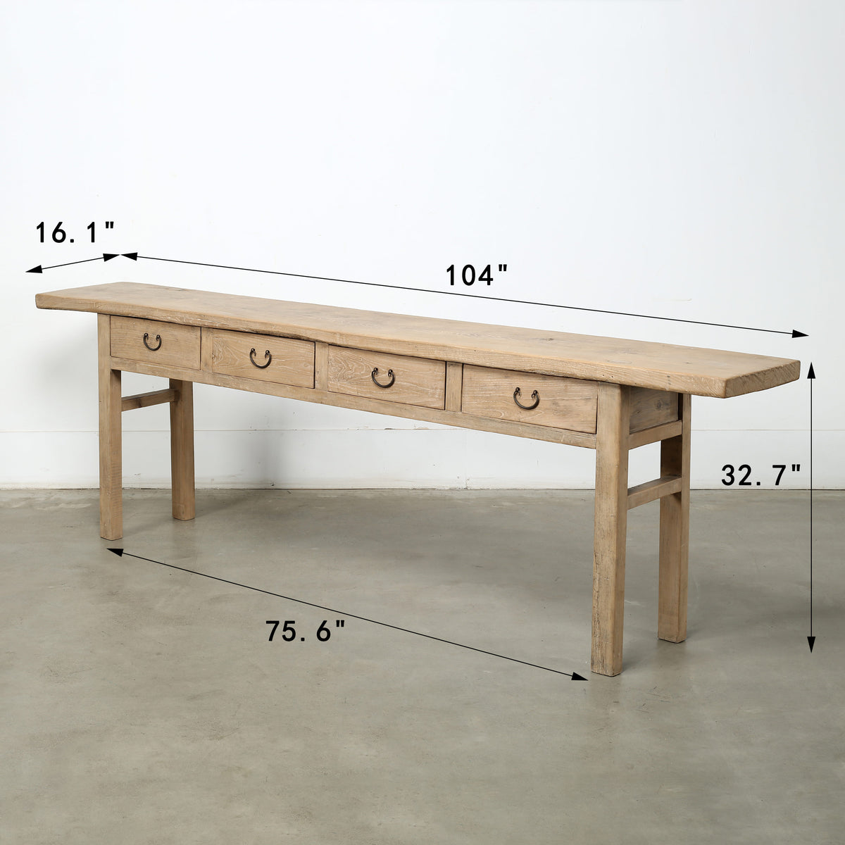 Approx.104 Inches Vintage Console Table with Four Drawers Weathered Natural 104x16.14x32.68