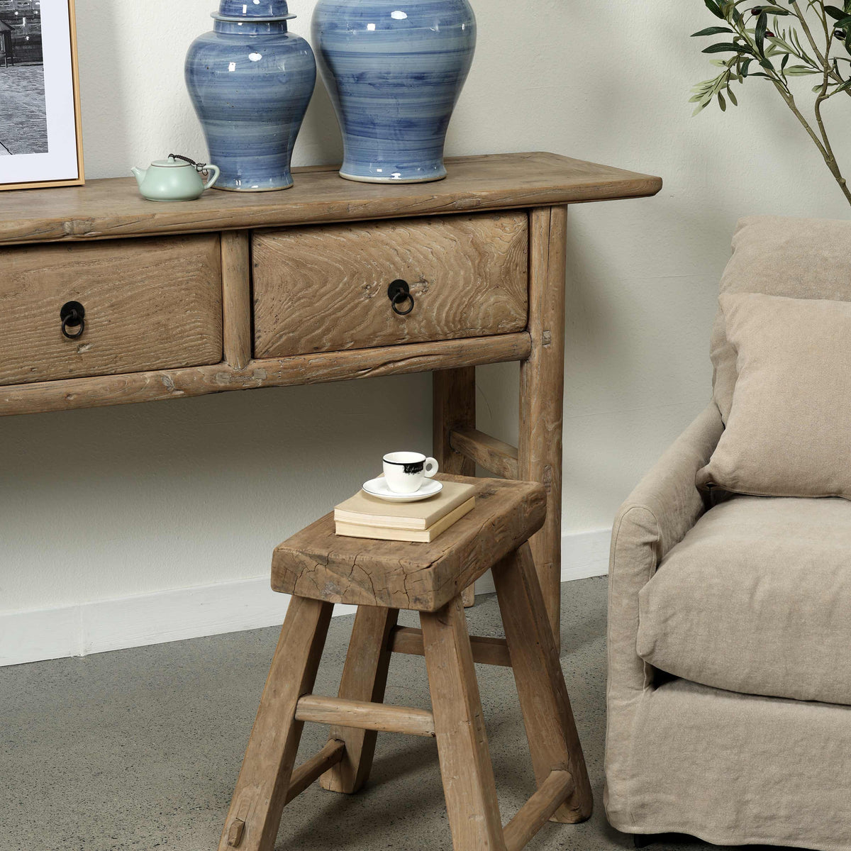 Approx. 87" Wide Vintage Table with Three Drawers Weathered Natural