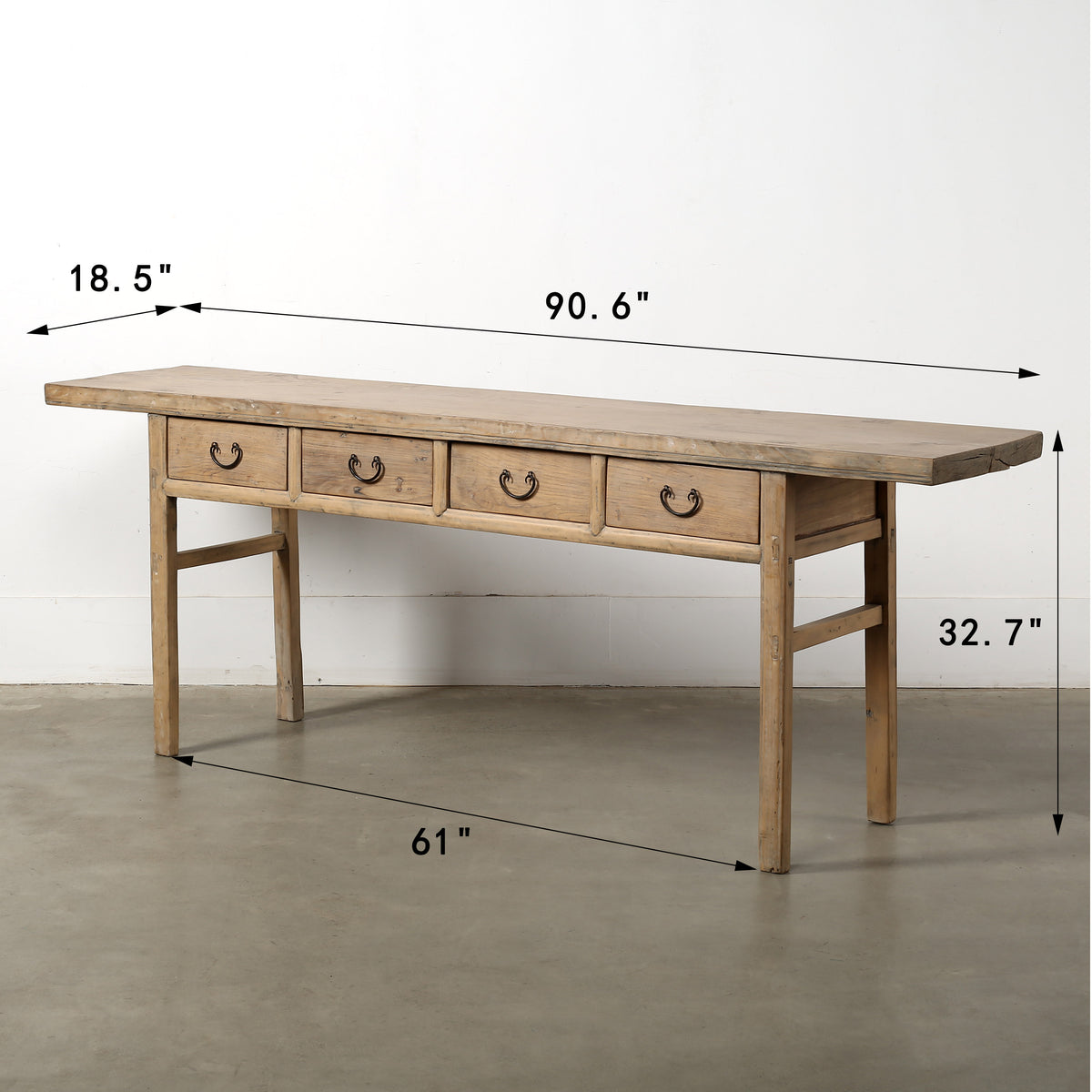 Approx. 90-95 Inches Vintage Console Table with Four Drawers Weathered Natural 90.55x18.5x32.67H