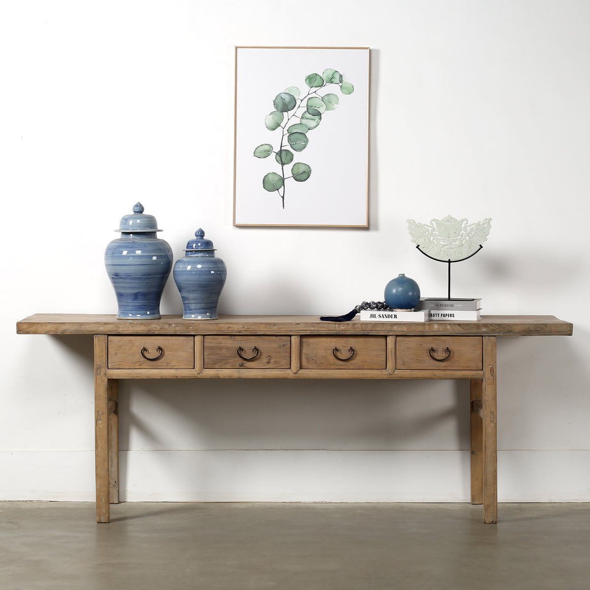 Approx. 90-95 Inches Vintage Console Table with Four Drawers Weathered Natural 90.55x18.5x32.67H