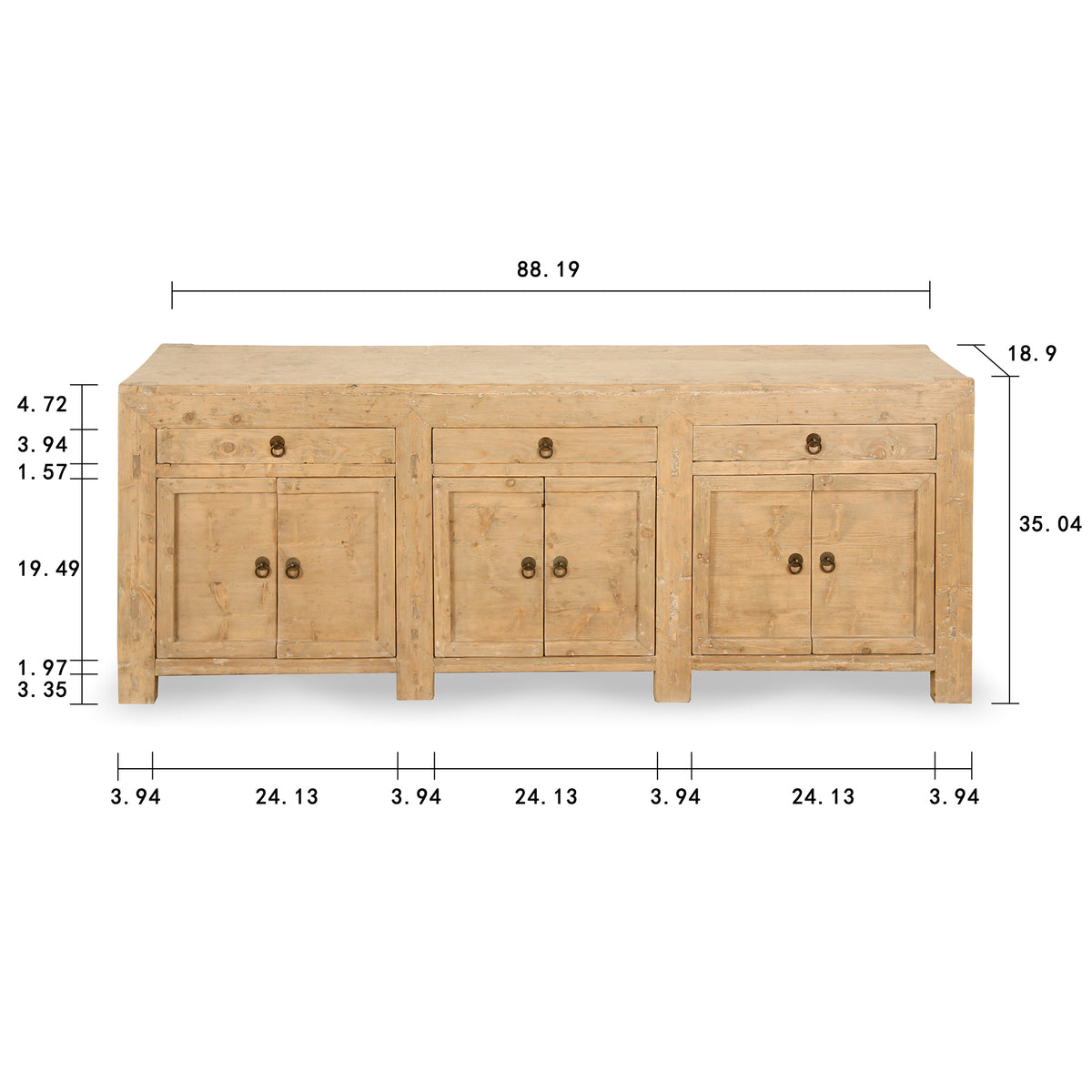 Antique six doors sideboard with drawers (Size and finish vary Approx 80"-90" long)