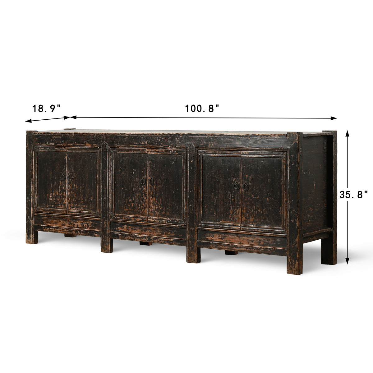 Antique Wide Sideboard with Original Distressed Black Lacquer 80.7Wx18.9Dx34.65H