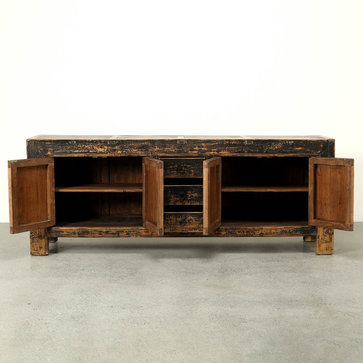 Antique Wide Sideboard with Three Drawers Distressed Black 87Wx18.9Dx34H