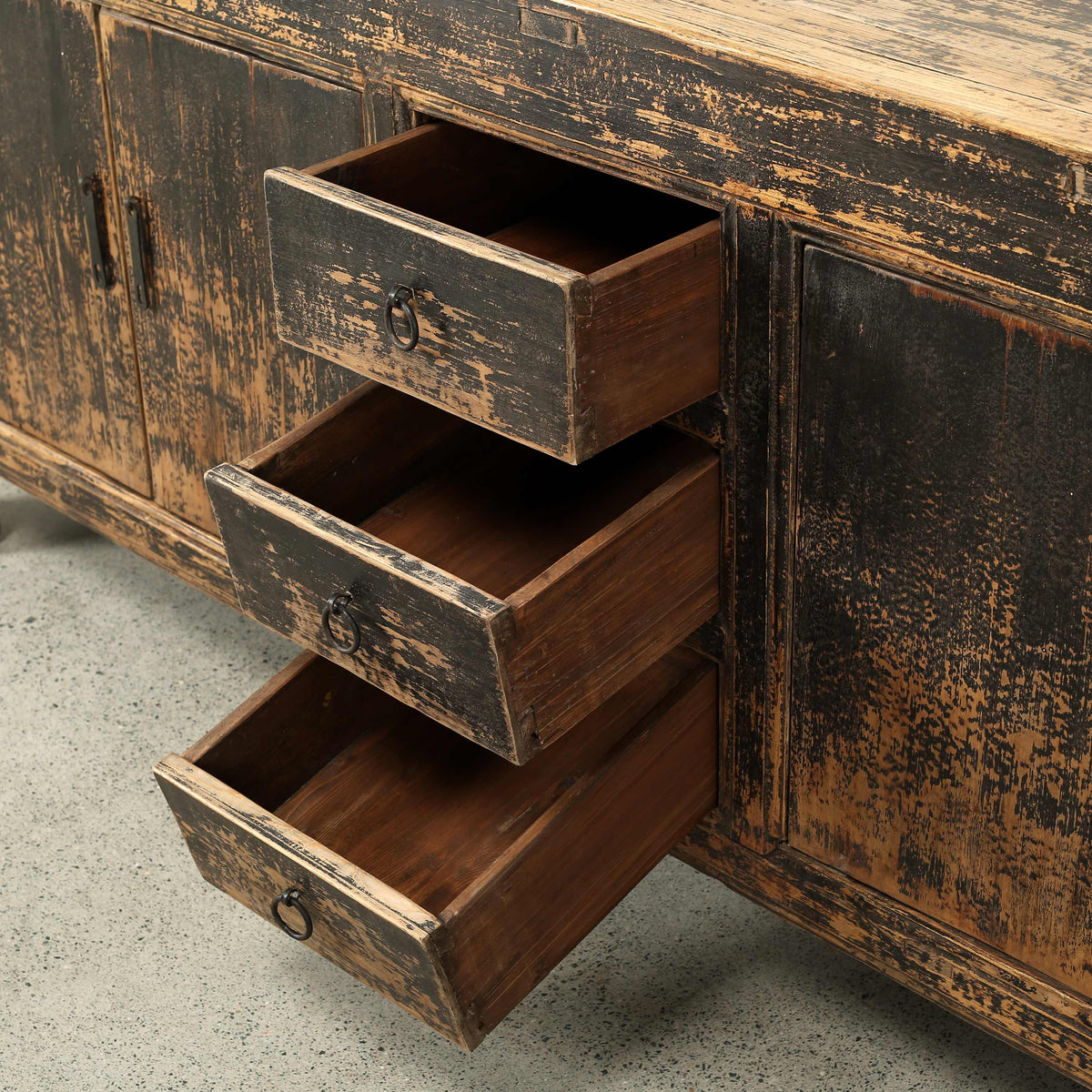 Antique Wide Sideboard with Three Drawers Distressed Black 87Wx18.9Dx34H