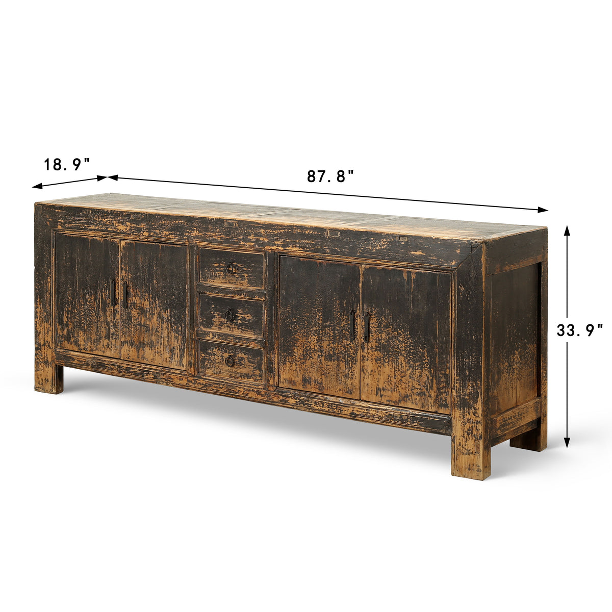 Antique Wide Sideboard with Three Drawers Distressed Black 87Wx18.9Dx34H