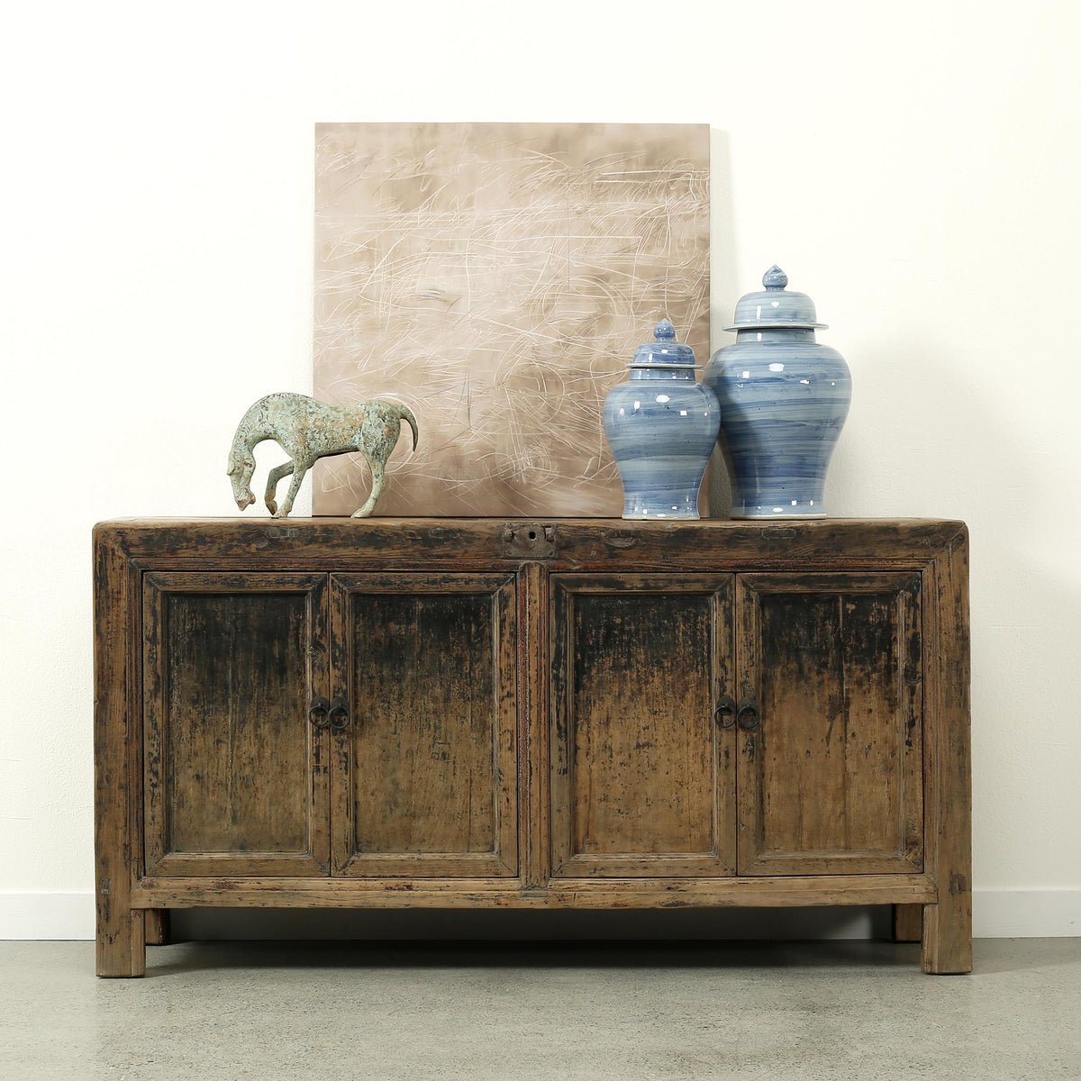 Antique sideboard with four doors, distressed black 65"Wx18:Dx34" H