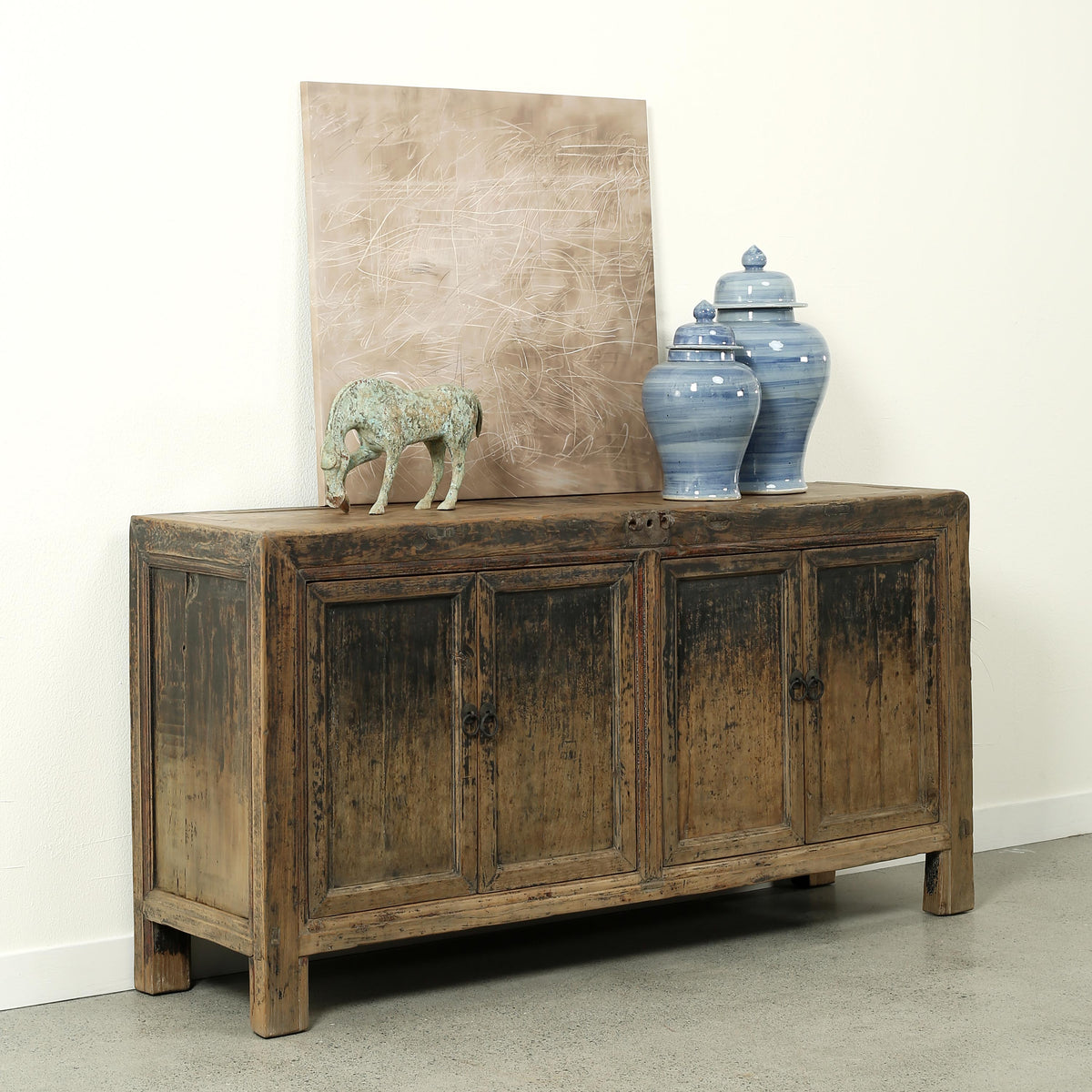 Antique sideboard with four doors, distressed black 65"Wx18:Dx34" H