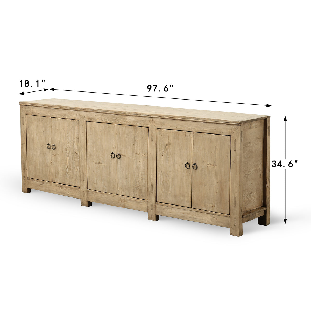 Approx. 98" Long Antique Sideboard with Six Doors, Weathered Natural