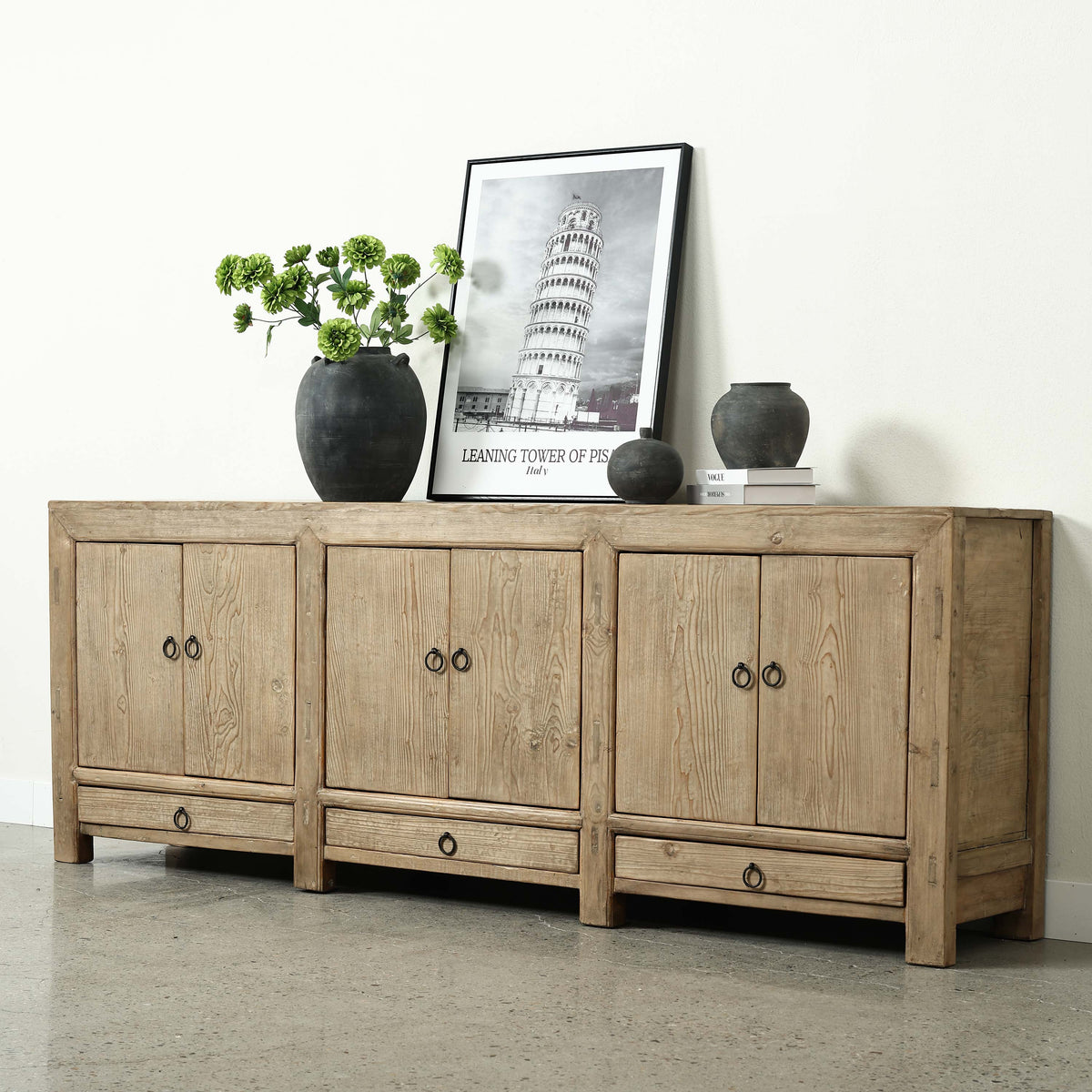 Approx. 94" Long Antique Sideboard with Six Doors & Three Drawers, Weathered Natural
