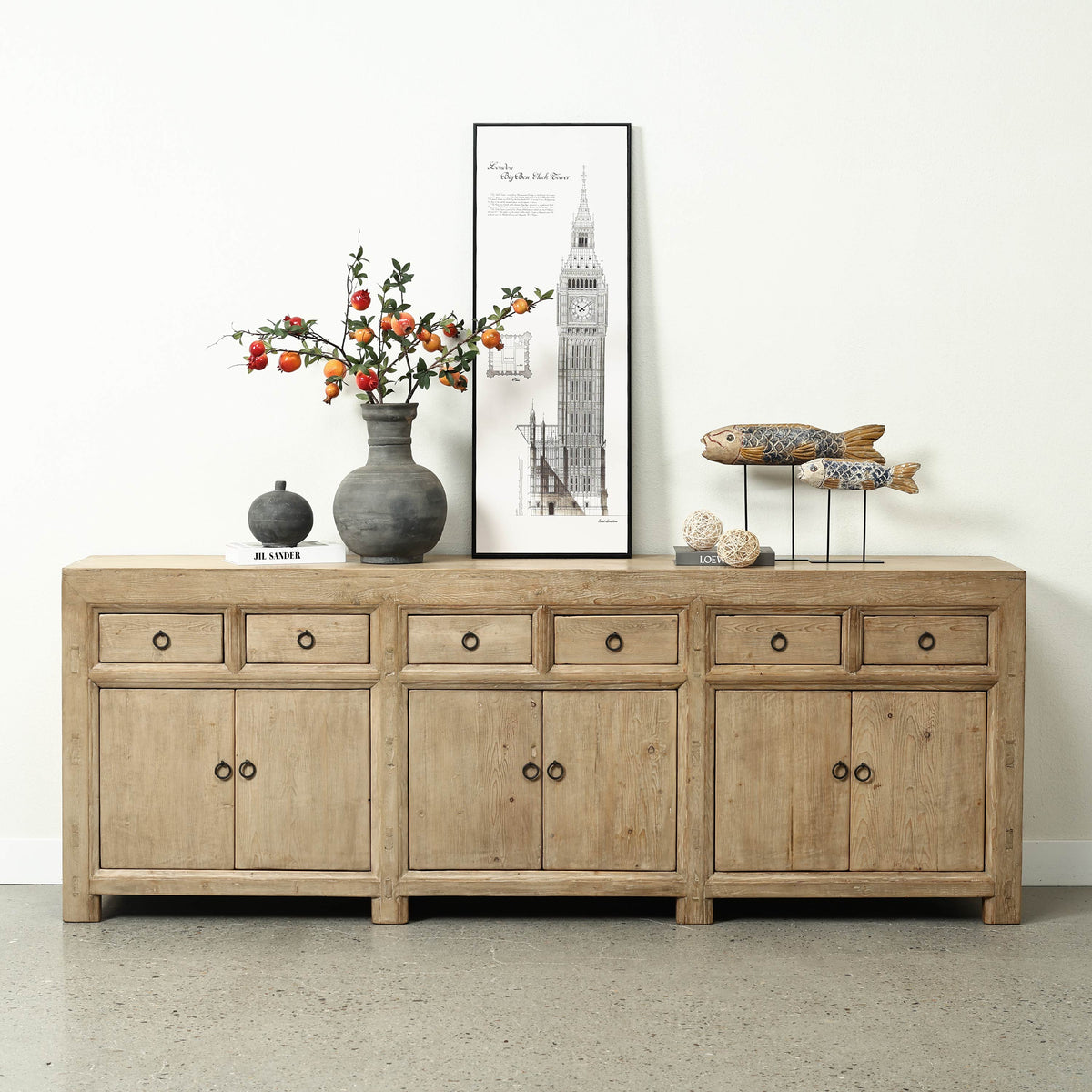 Approx. 91" Long Antique Sideboard with Six Doors & Six Drawers, Weathered Natural