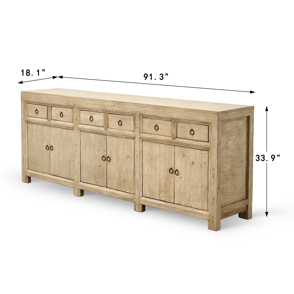 Approx. 91" Long Antique Sideboard with Six Doors & Six Drawers, Weathered Natural