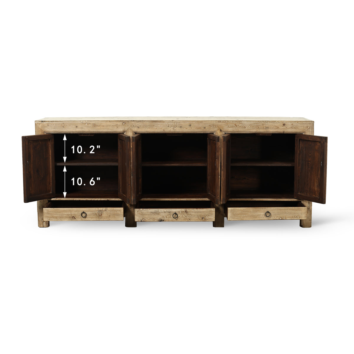 Approx. 91" Long Antique Sideboard with Six Doors & Three Drawers, Weathered Natural