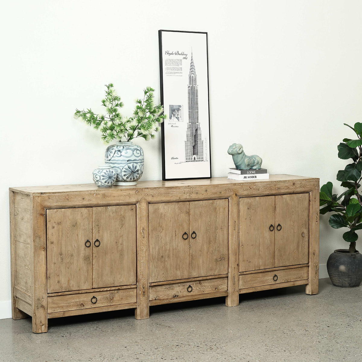 Approx. 91" Long Antique Sideboard with Six Doors & Three Drawers, Weathered Natural