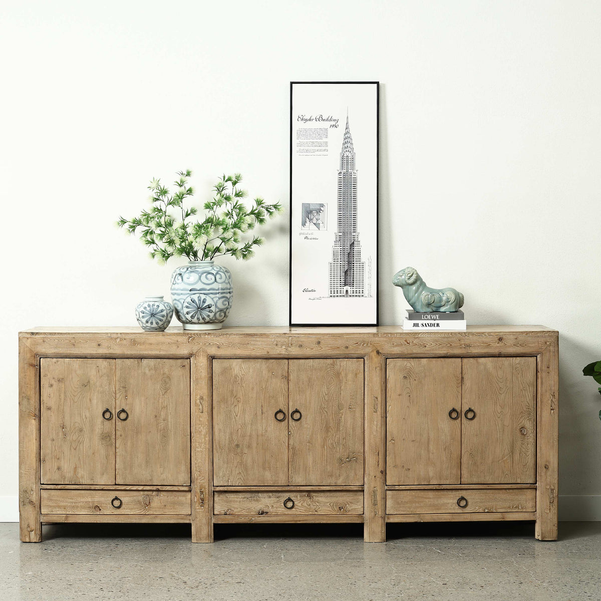 Approx. 91" Long Antique Sideboard with Six Doors & Three Drawers, Weathered Natural