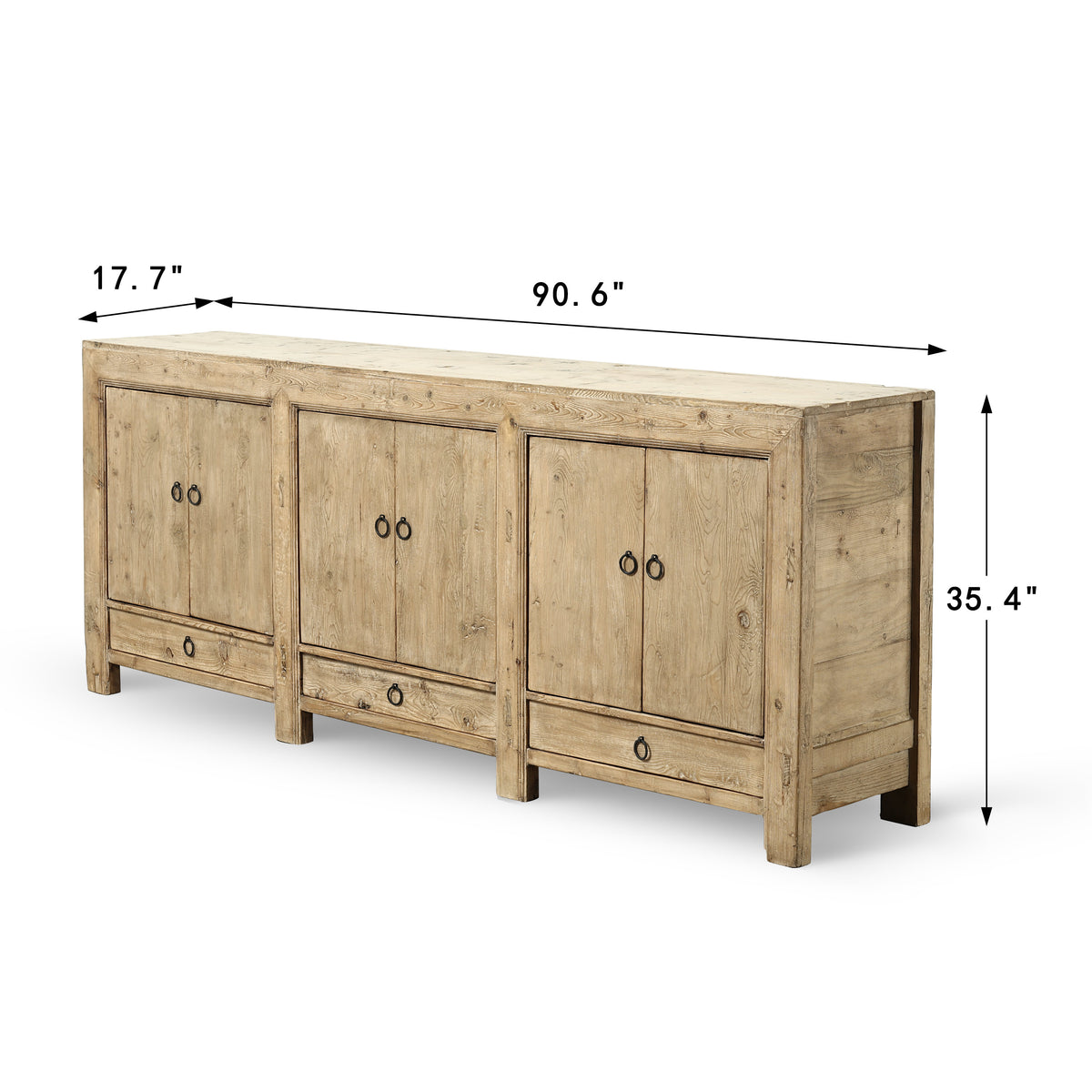 Approx. 91" Long Antique Sideboard with Six Doors & Three Drawers, Weathered Natural