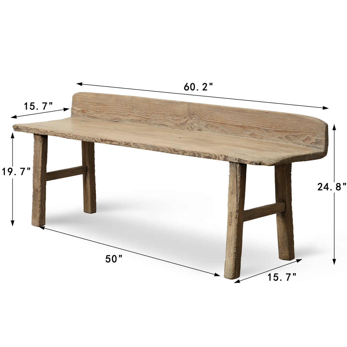 Approx. 60.2 Inches Wide 24.8 Inches High Live Edge Vintage Bench Weathered Natural