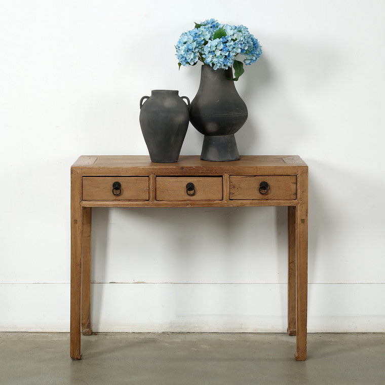 Vintage Ming Style Entry Table with Two Drawers Weathered Natural 40x15.7x33H Elm image 3