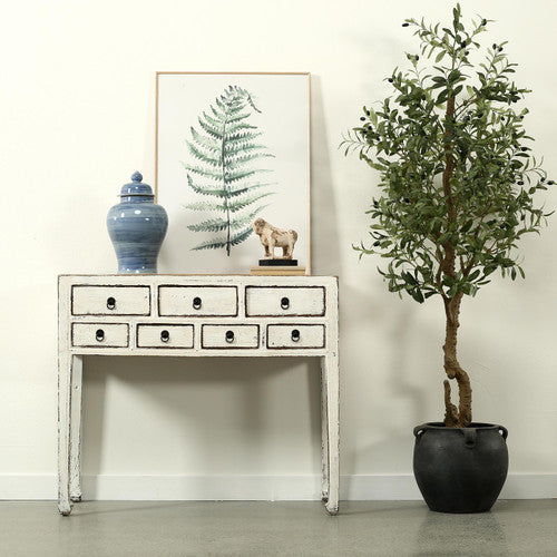 Vintage Entry Table with Five Drawers Approx. 39.8 Inches Wide Distressed White image 2
