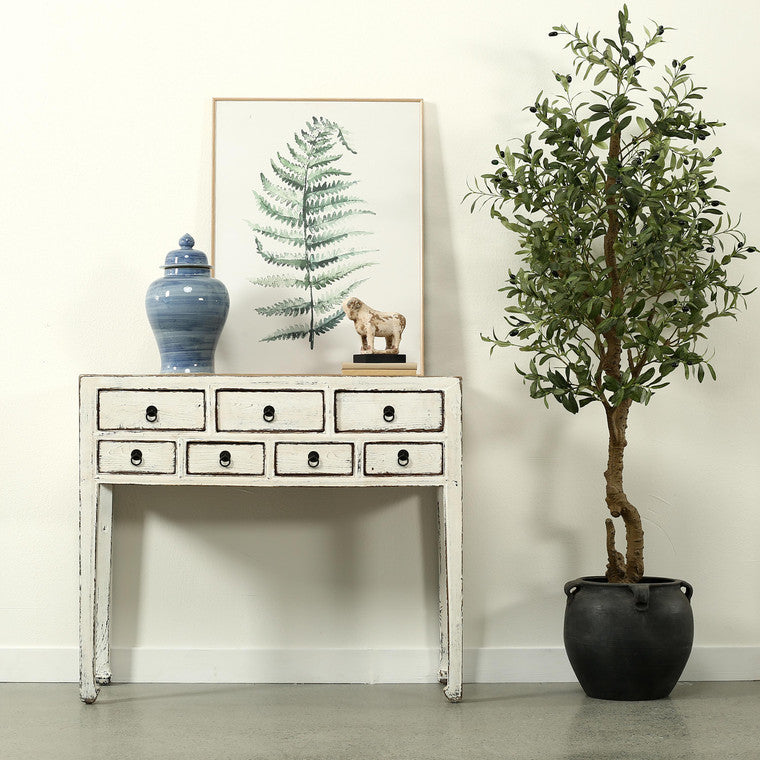 Vintage Entry Table with Five Drawers Approx. 39.8 Inches Wide Distressed White image 3