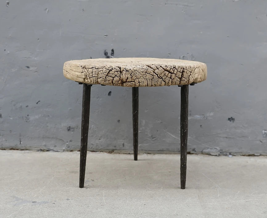 Pair Of Vintage Round Side Tables With Metal Legs | Rustic