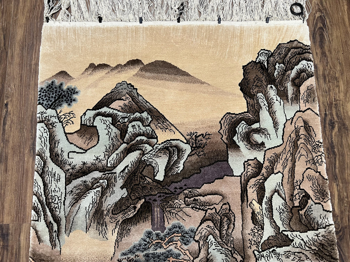 Silk Chinese Wall Hanging Rug 3x6 ft Tapestry, Pagoda Scene, Pictorial, High Quality Fine Hand Knotted Vintage, Asian Oriental Handmade Nice - Jewel Rugs, view 4
