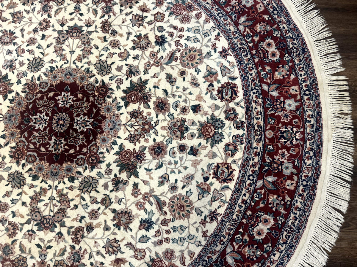 Round Sino Persian Rug 8x8, Wool and Silk, Floral Medallion, Ivory Dark Red - Jewel Rugs, view 7