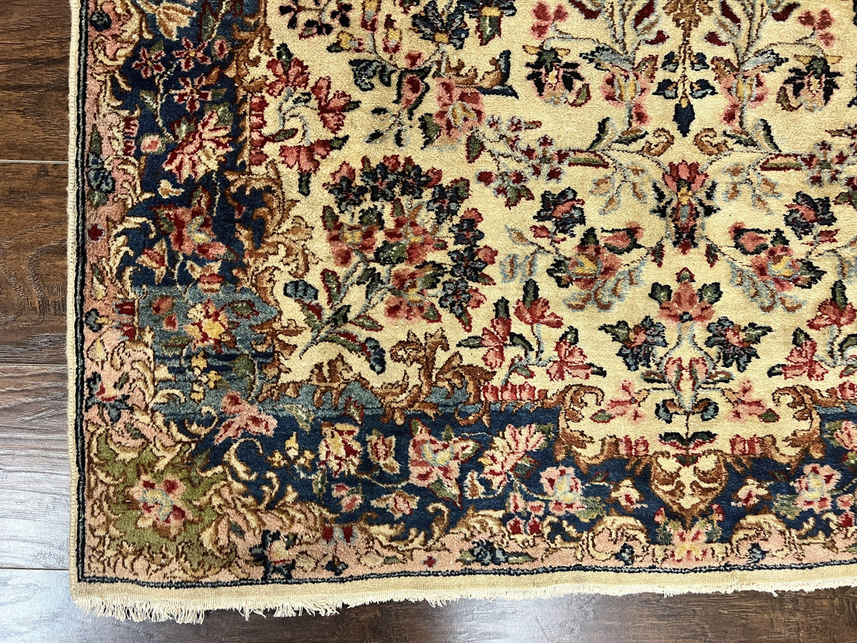 Antique Persian Kirman Rug 4x7, Cream and Navy Blue, Hand Knotted Wool Floral Carpet - Jewel Rugs, view 9