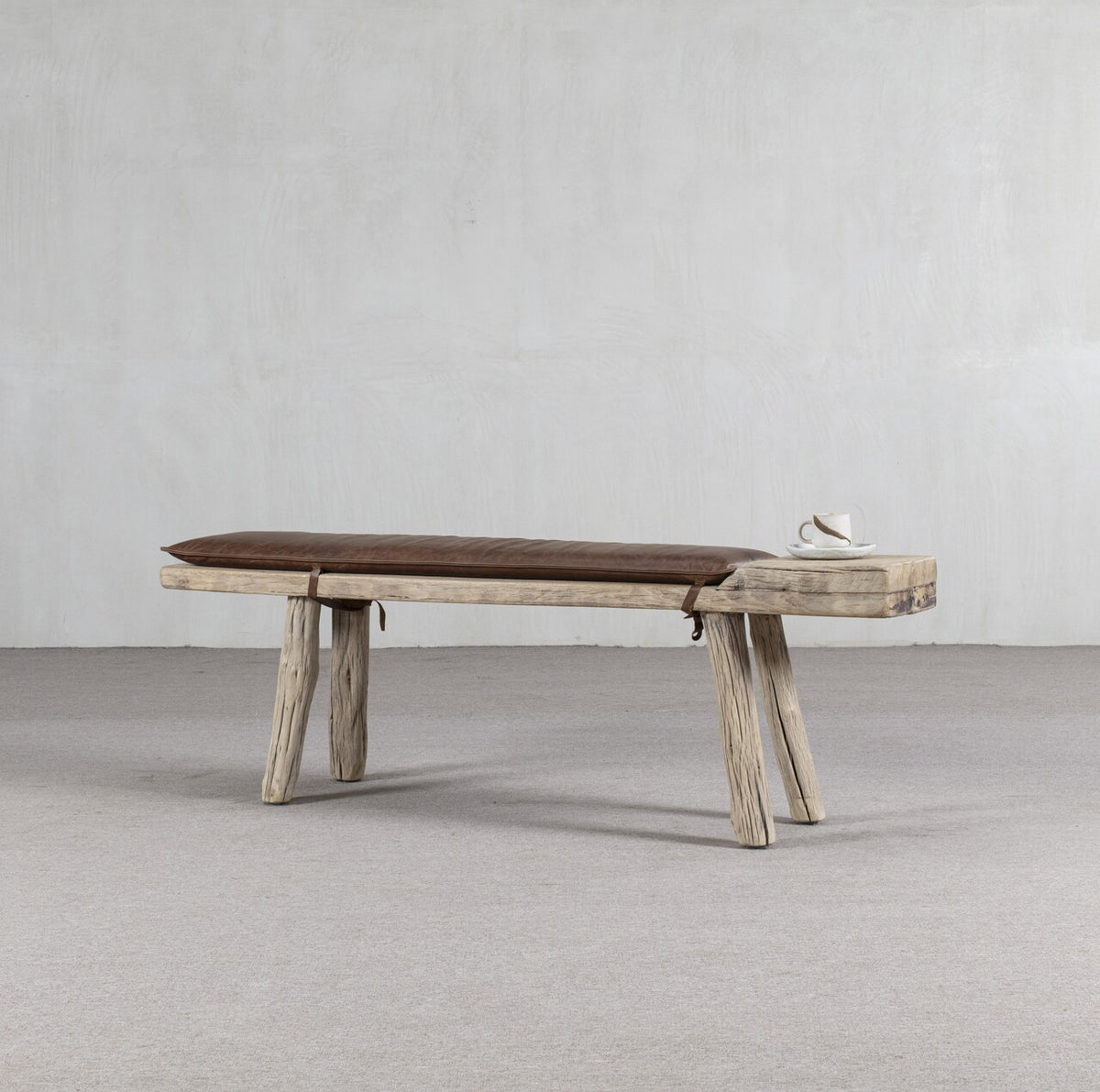Approx. 68" Long 10" Deep 20" High Live Edge Vintage Bench with Leather Cushion Neutral Wood Tone
