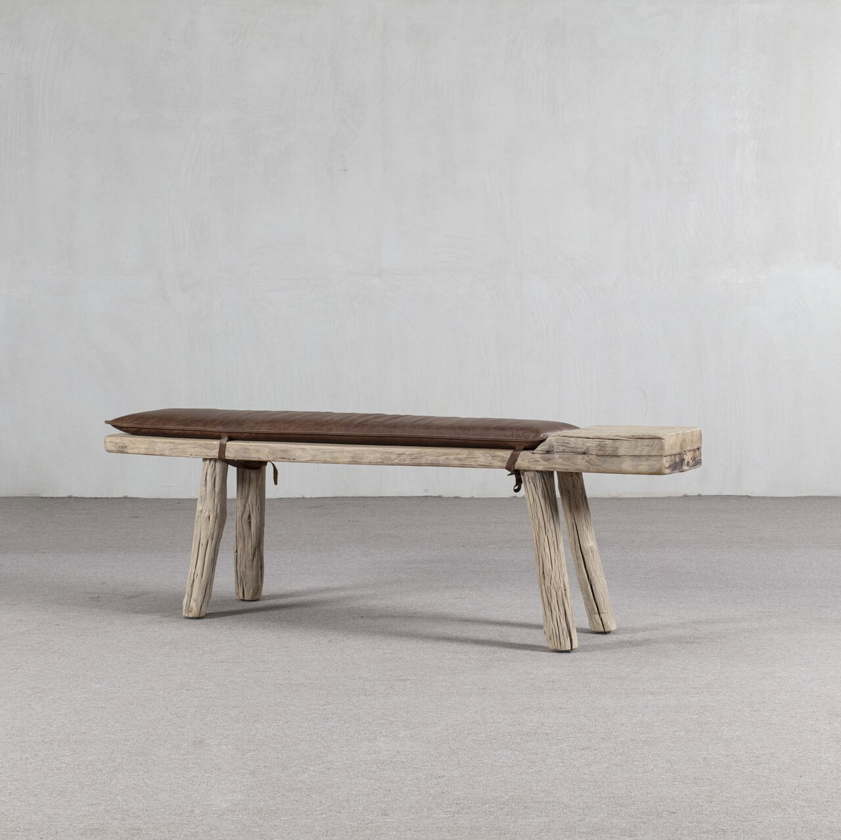 Approx. 68" Long 10" Deep 20" High Live Edge Vintage Bench with Leather Cushion Neutral Wood Tone
