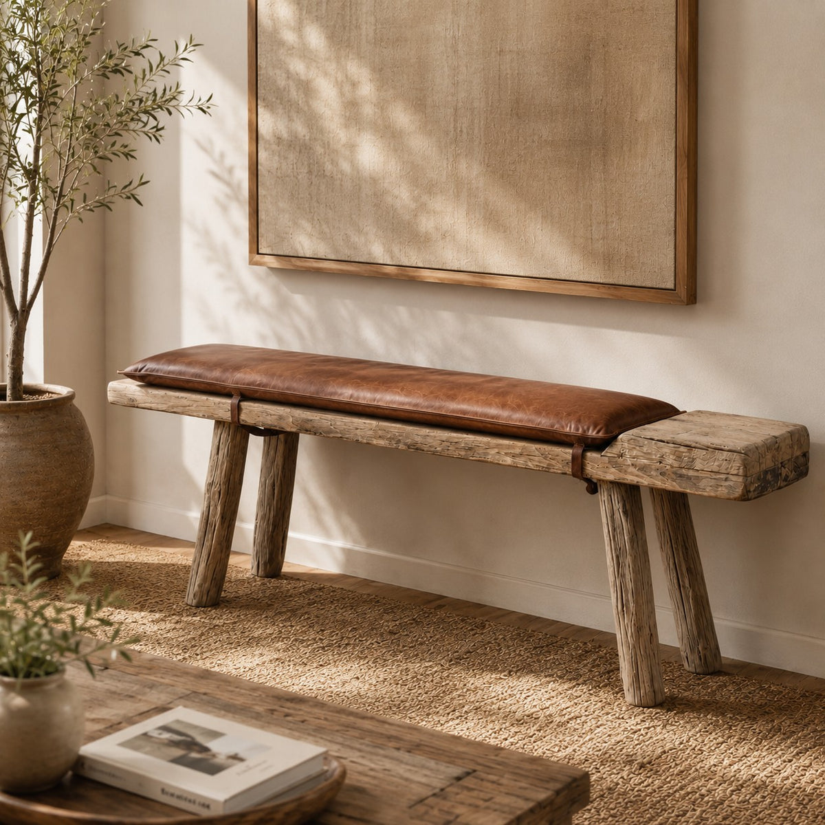 Approx. 68" Long 10" Deep 20" High Live Edge Vintage Bench with Leather Cushion Neutral Wood Tone