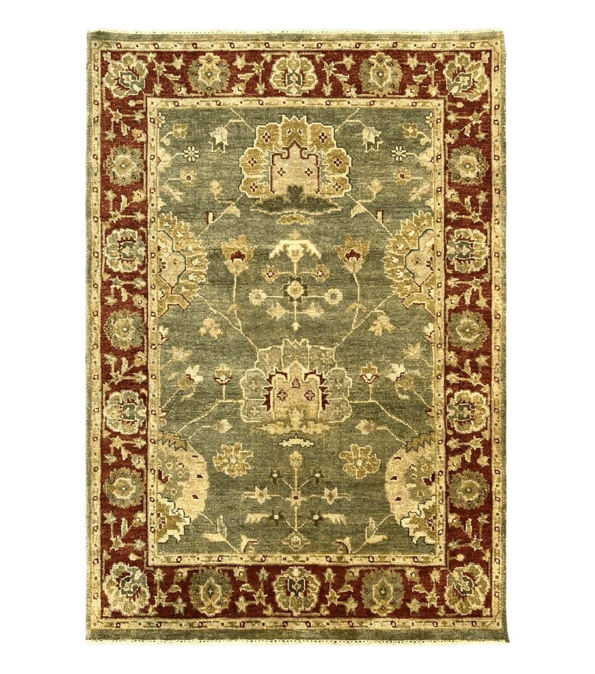 Indo Oushak Rug 4x6, Green and Maroon, Vintage Wool Floral Rug, Indian Agra Rug - Jewel Rugs
