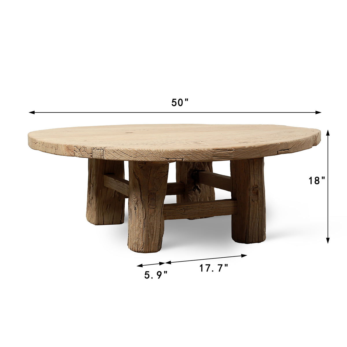 Approx.48-50 Inches Round Vintage Coffee Table Elmwood Weathered Natural