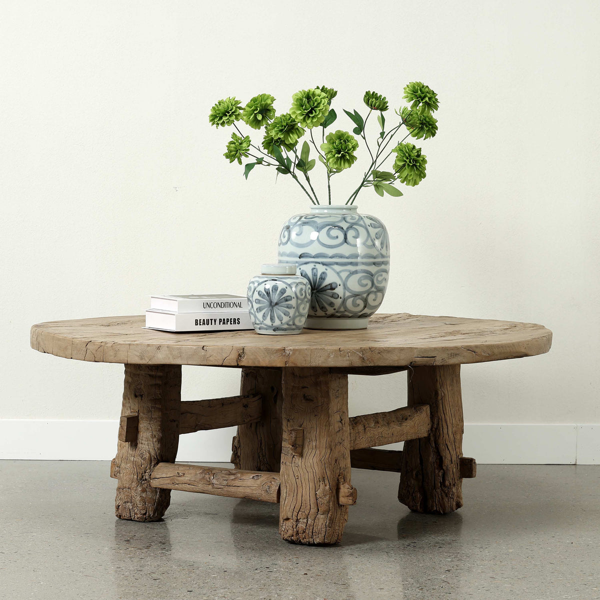 Approx 49 Inches Round Rustic Vintage Coffee Table Elmwood Weathered Natural