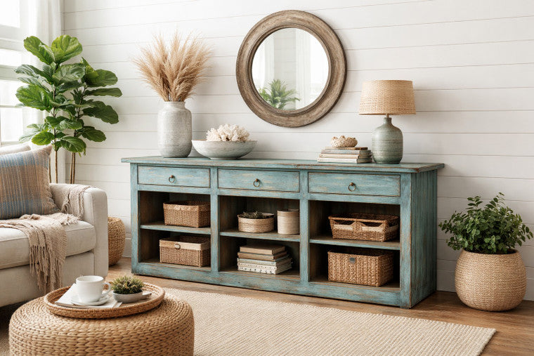 Approx. 92" Wide Three Drawers Counter Table Distressed Blue image 3