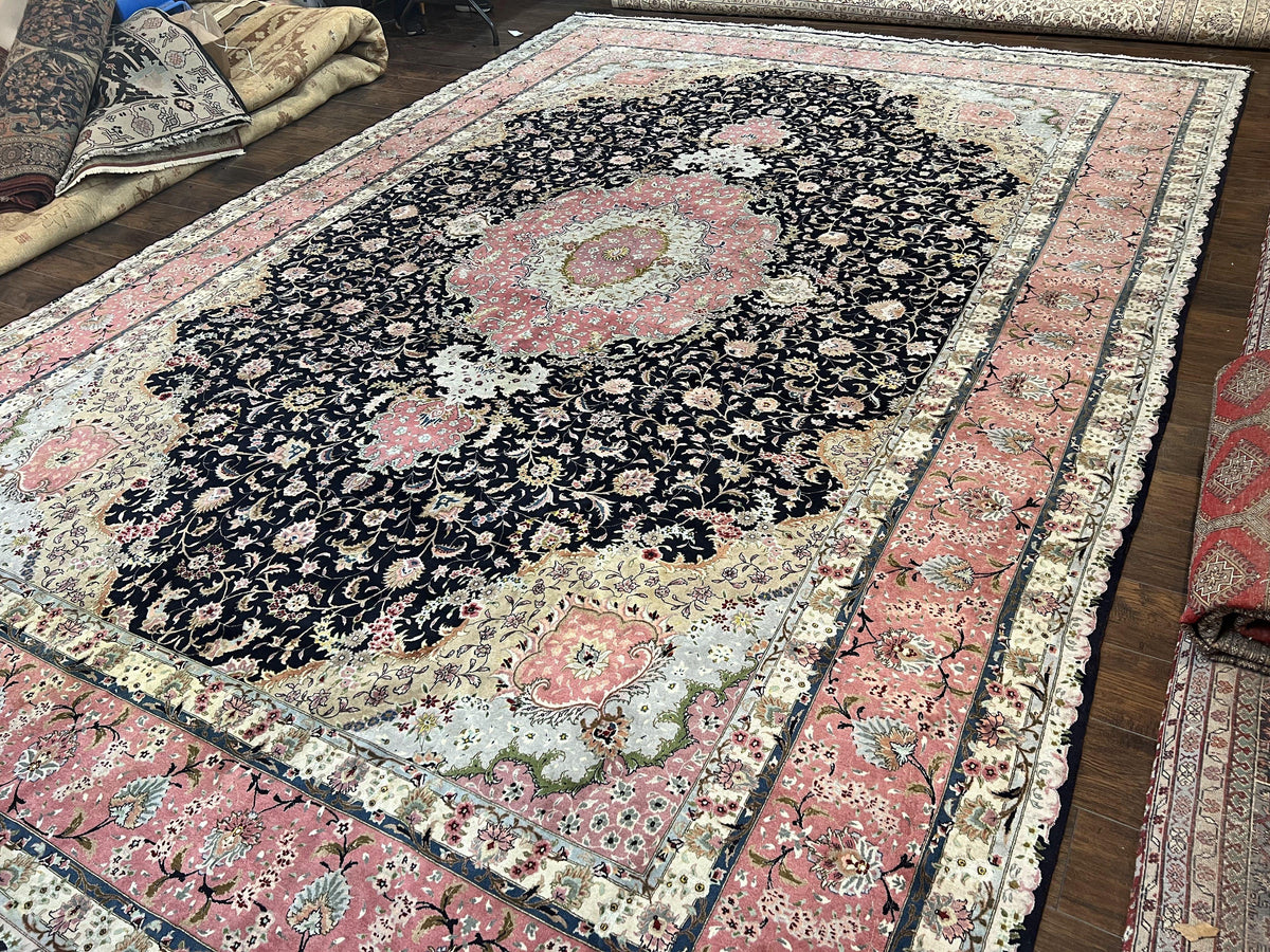 Magnificent Persian Tabriz Rug 11x16, Oversized Persian Carpet 11 x 16 ft, Wool on Silk Finely Hand Knotted, 450 KPSI, Floral Medallion, Black Pink - Jewel Rugs, view 2