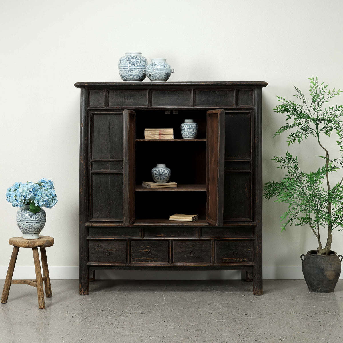 Approx. 61" Wide 68" Tall Vintage Cabinet with Four Drawers Distressed Black
