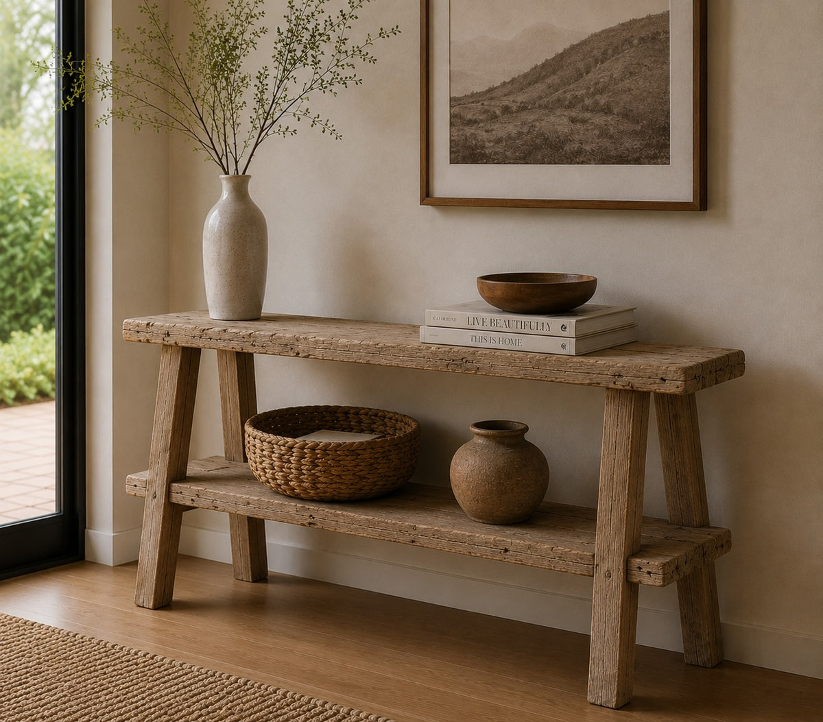 Approx. 76 Inches Wide Vintage Console Table with Shelf Weathered Natural
