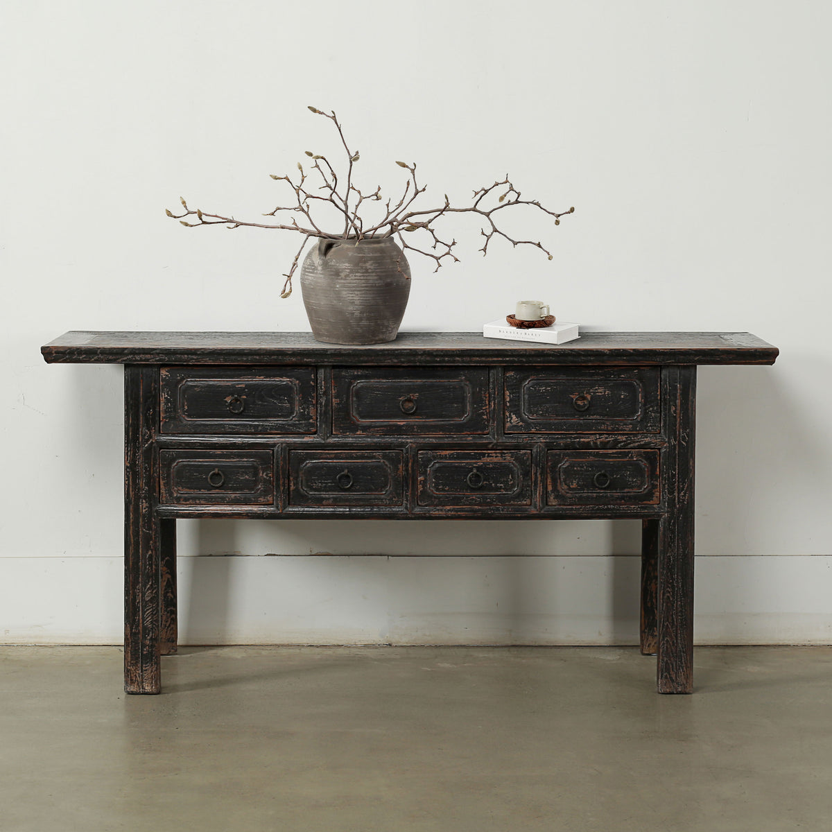 Approx. 67 Inches Wide Antique Entry Table with 7 Drawers Distressed Black Lacquer
