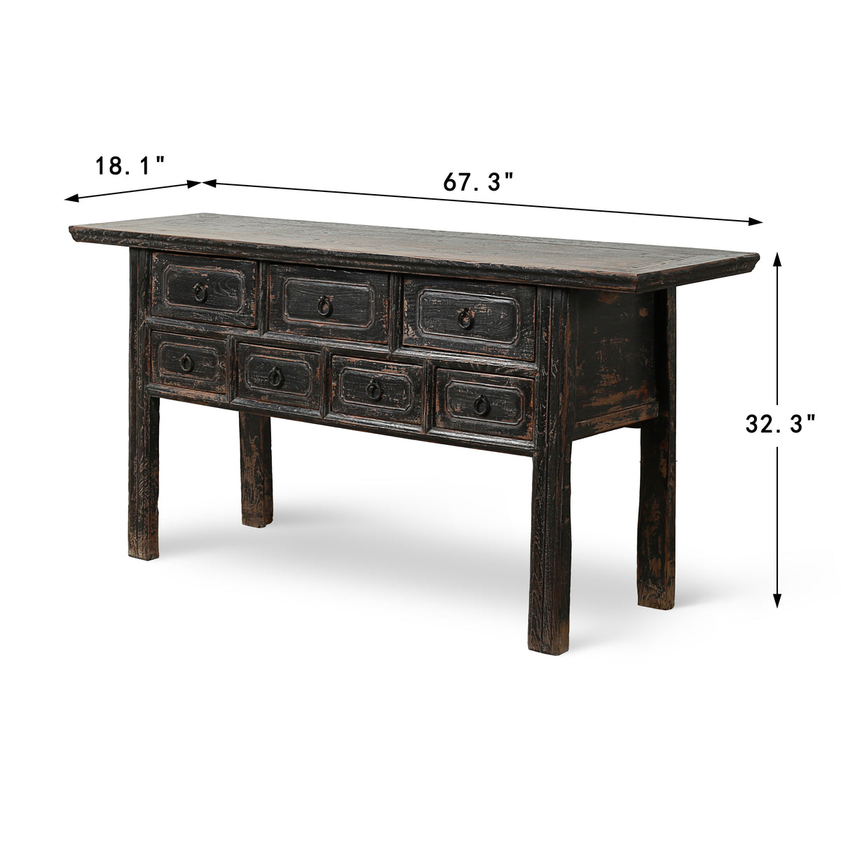 Approx. 67 Inches Wide Antique Entry Table with 7 Drawers Distressed Black Lacquer