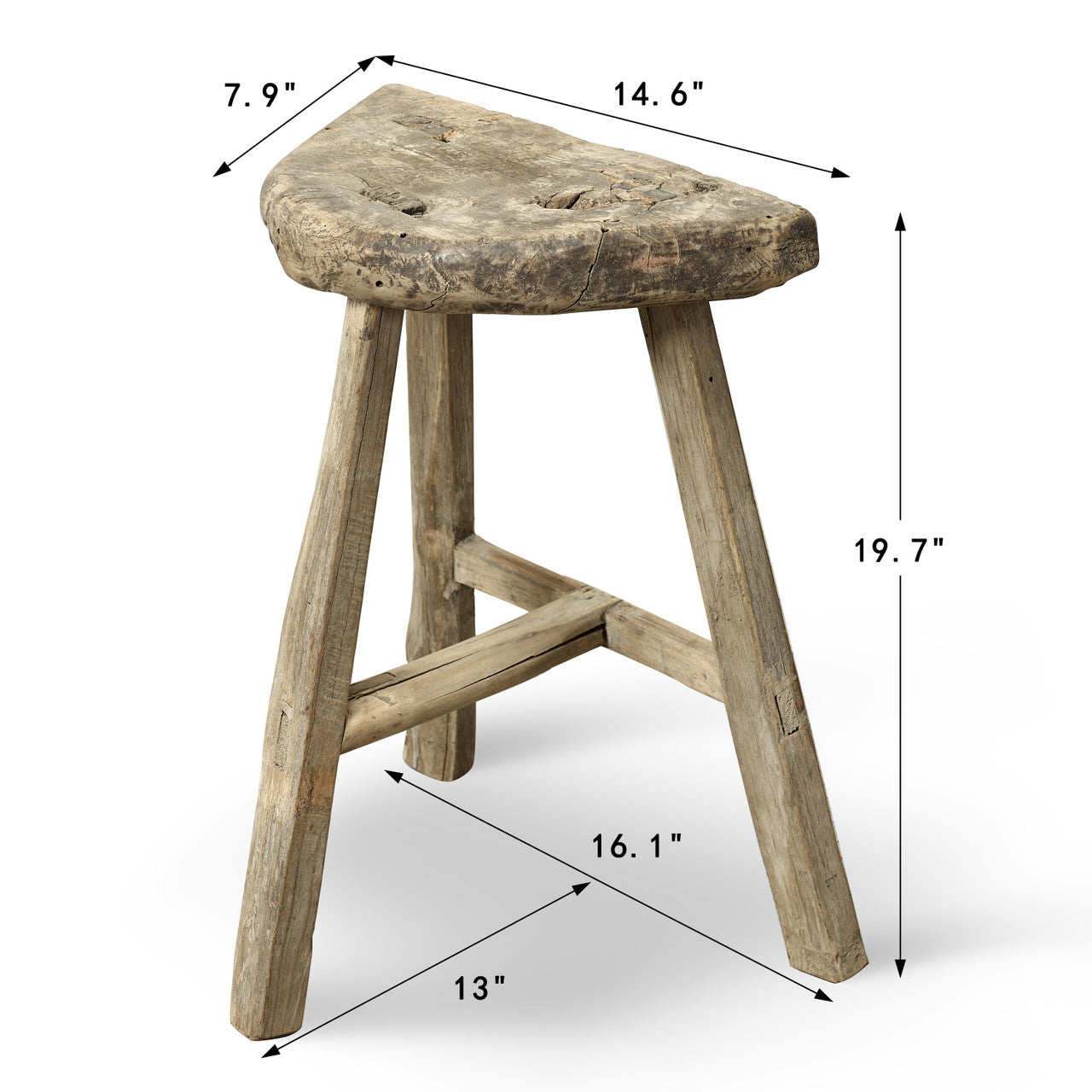 Vintage Rustic D-Shaped Stool 20H 14.6W 8D