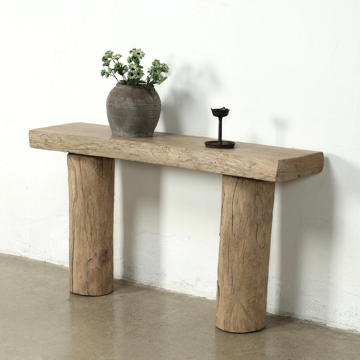 Vintage Log Console 58" Wide with Round Leg Weathered Natural